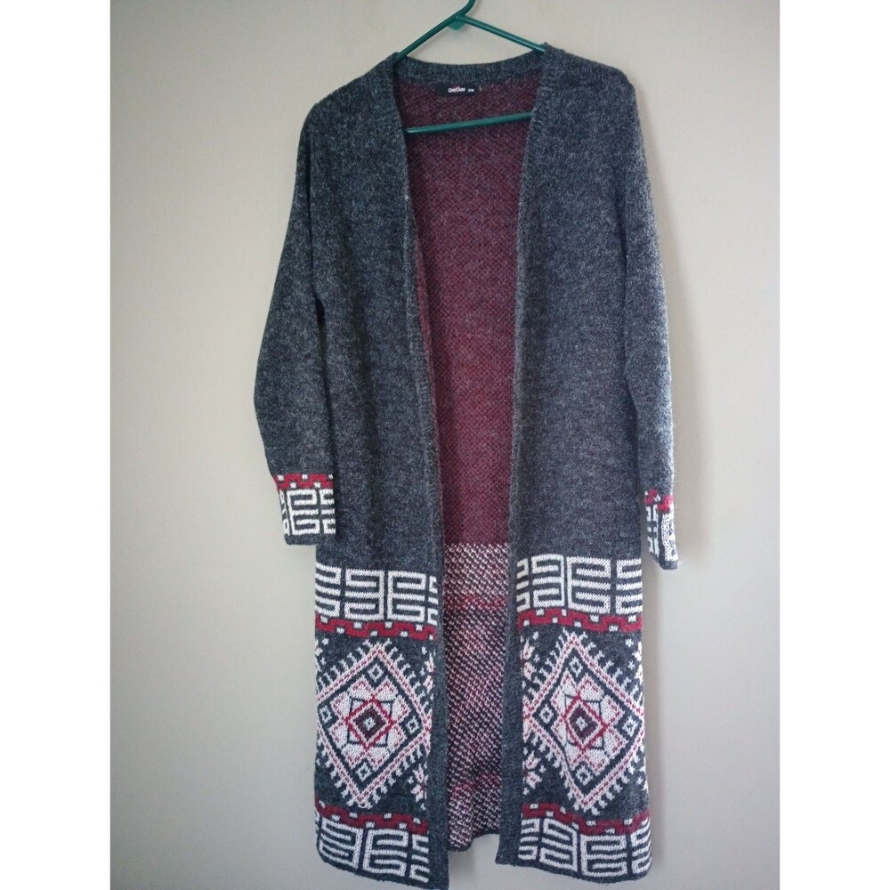 GeeGee Gray Geometric Pattern Long Cardigan Sweater Size Small Medium